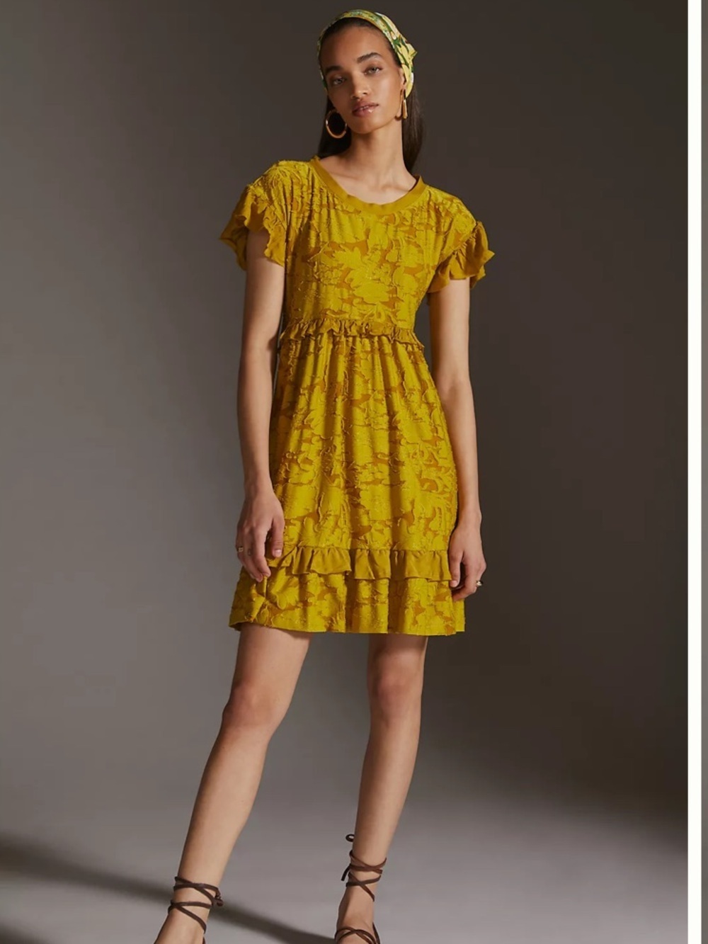 Anthropologie Mustard Yellow ruffle knit Short Sleeve mini dress